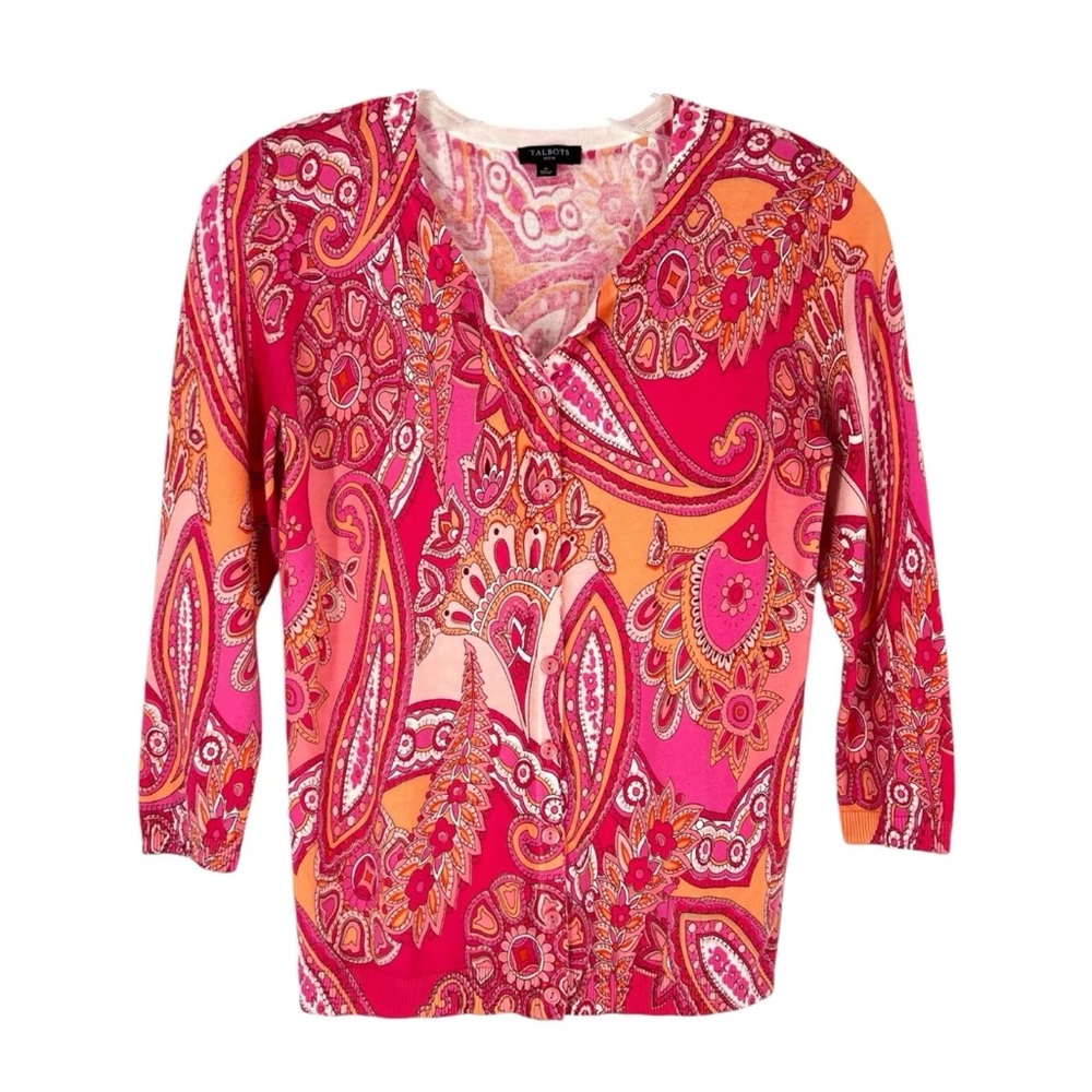 Talbots Charming Cardigan Womens Size XSP Pink Peach Paisley Cotton Blend Knit